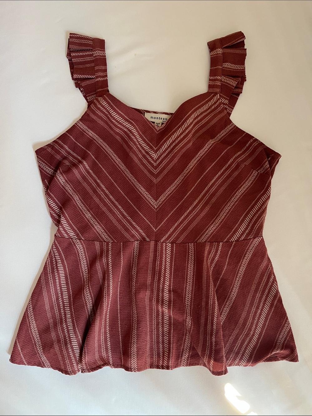 Striped V-Neck Peplum Tank - Burgundy